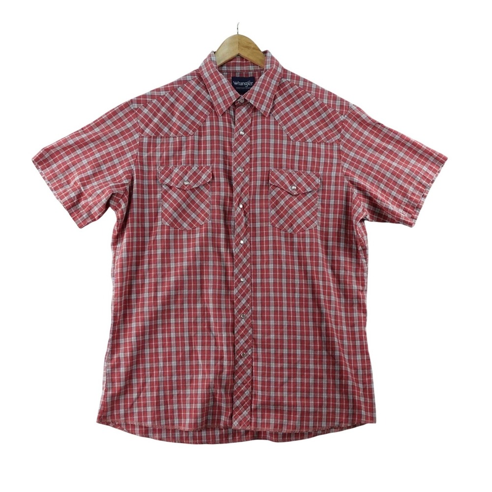Vintage Wrangler Western Shirt Mens XXL Plaid Short Sleeve Pearl Snap Red Casual
